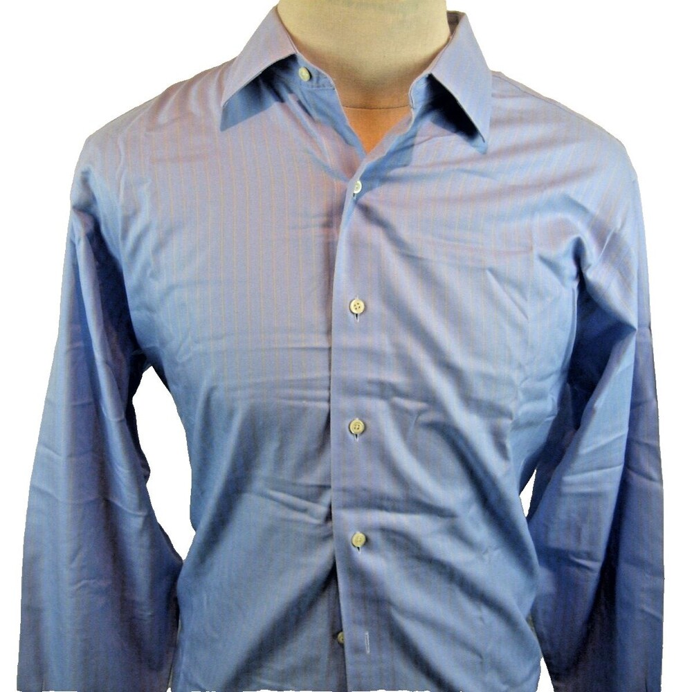 Mens Brooks Bros Blue Herringbone Stripe Slim Fit Fr Cuff Dress Shirt sz 16.5x33